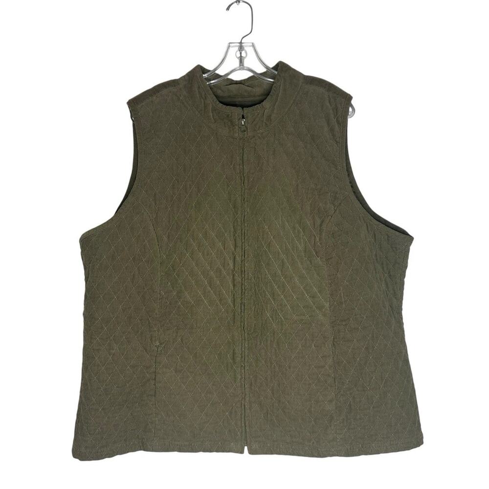 Basic Edition Corduroy Green Quilted Zip Up Vest Plus Size 2X Pockets